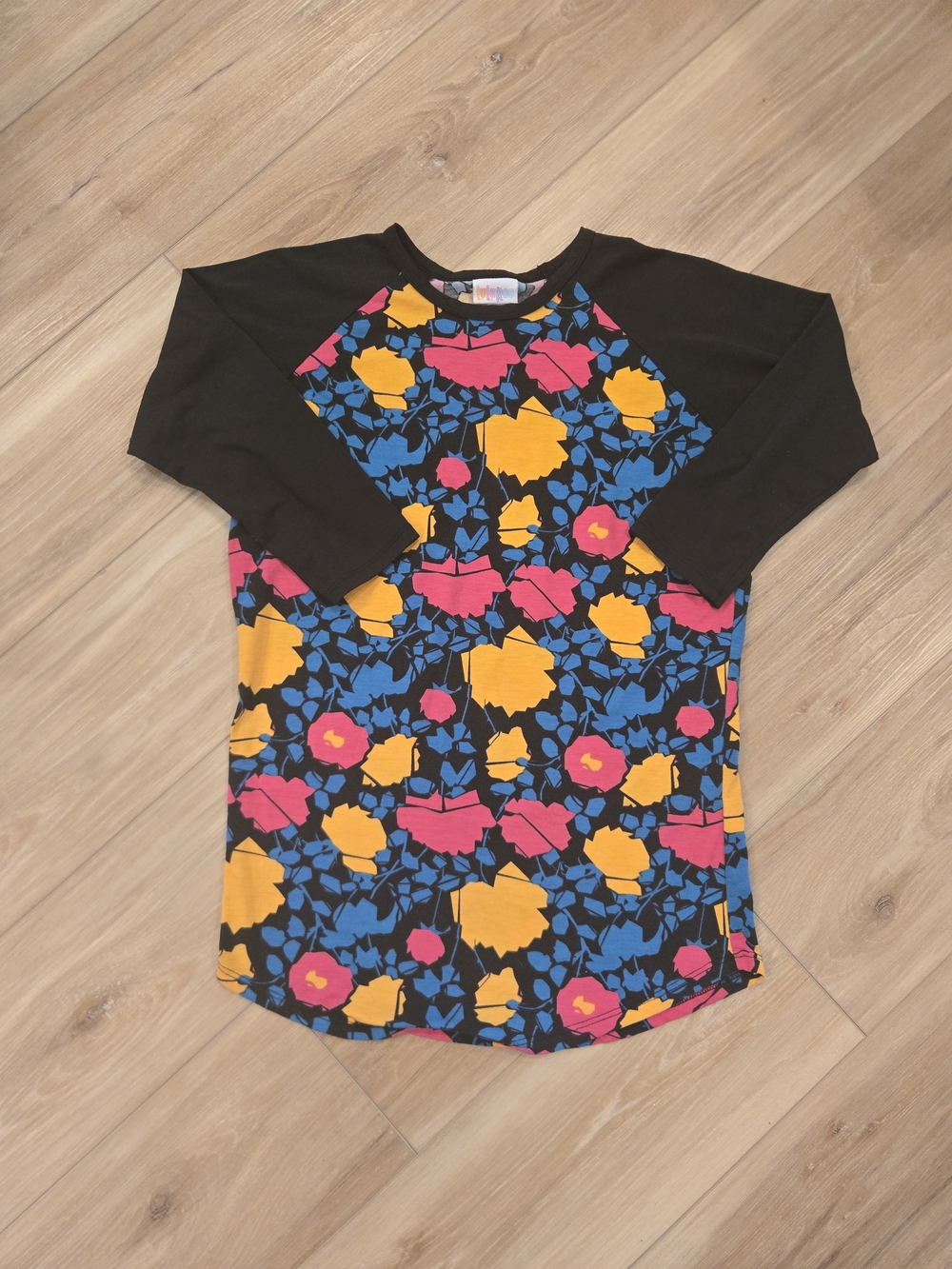 LuLaRoe Womens Raglan Tee in Black with Yellow, Blue & Pink Floral Print